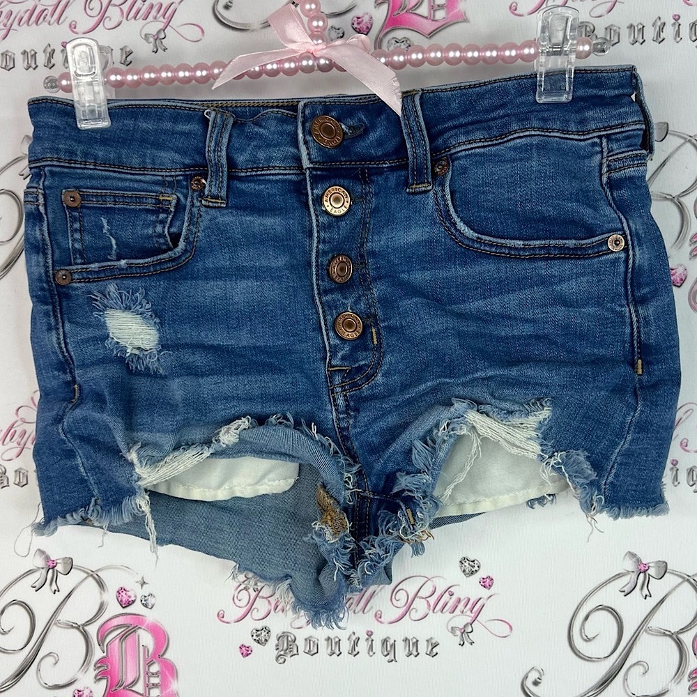 American Eagle Outfitters shorts mini buttons distressed rip Blue Denim Shorts